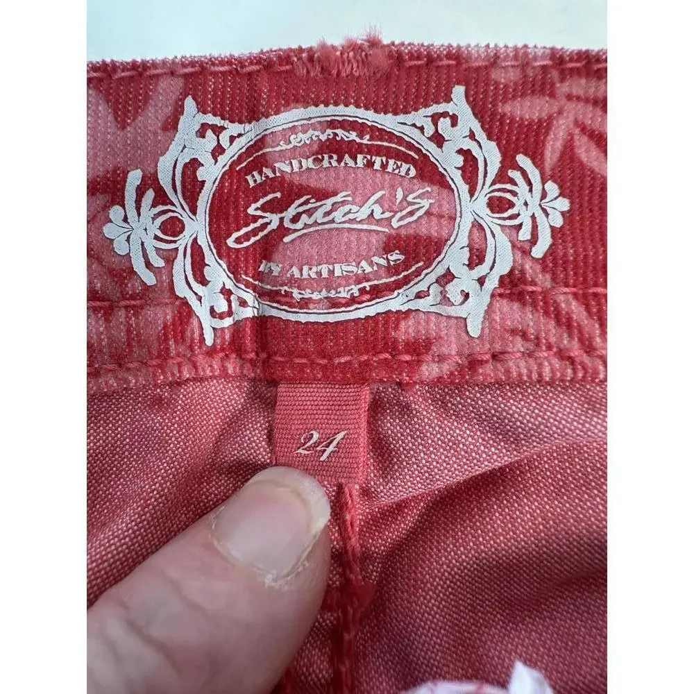 New Stitch’s Artisan Corduroy Pants Sz 24 Red Floral Jacquard Boho Vintage
